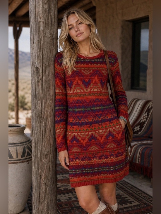 Ralph Lauren Dresses & Skirts - Polo Ralph Lauren Fair Isle Sweater Dress Red Knit Aztec SouthWestern Linen Silk